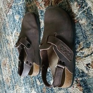 Birkenstock | Shoes | Birkenstock Birkis Brown Leather Clogs With Velcro  Heel Strap Size 7 | Poshmark